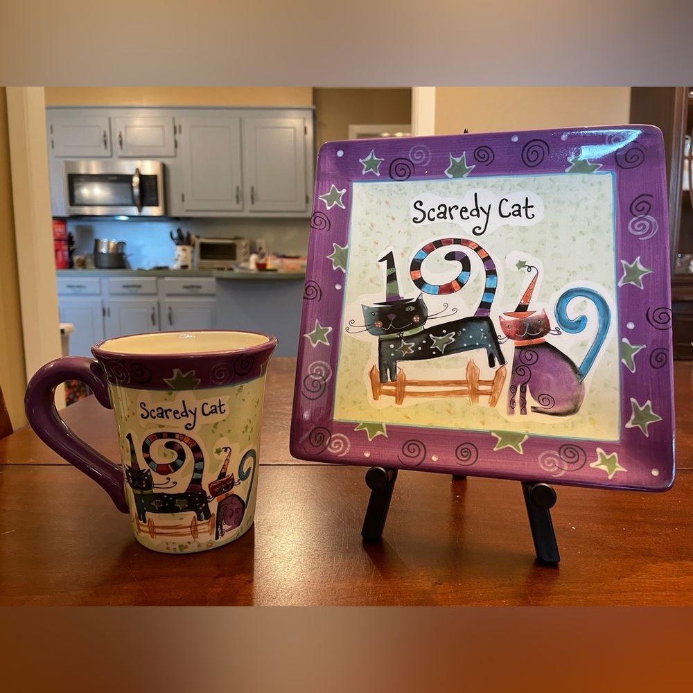 Halloween “Scaredy Cat” ceramic Matching Plate & oversized Mug